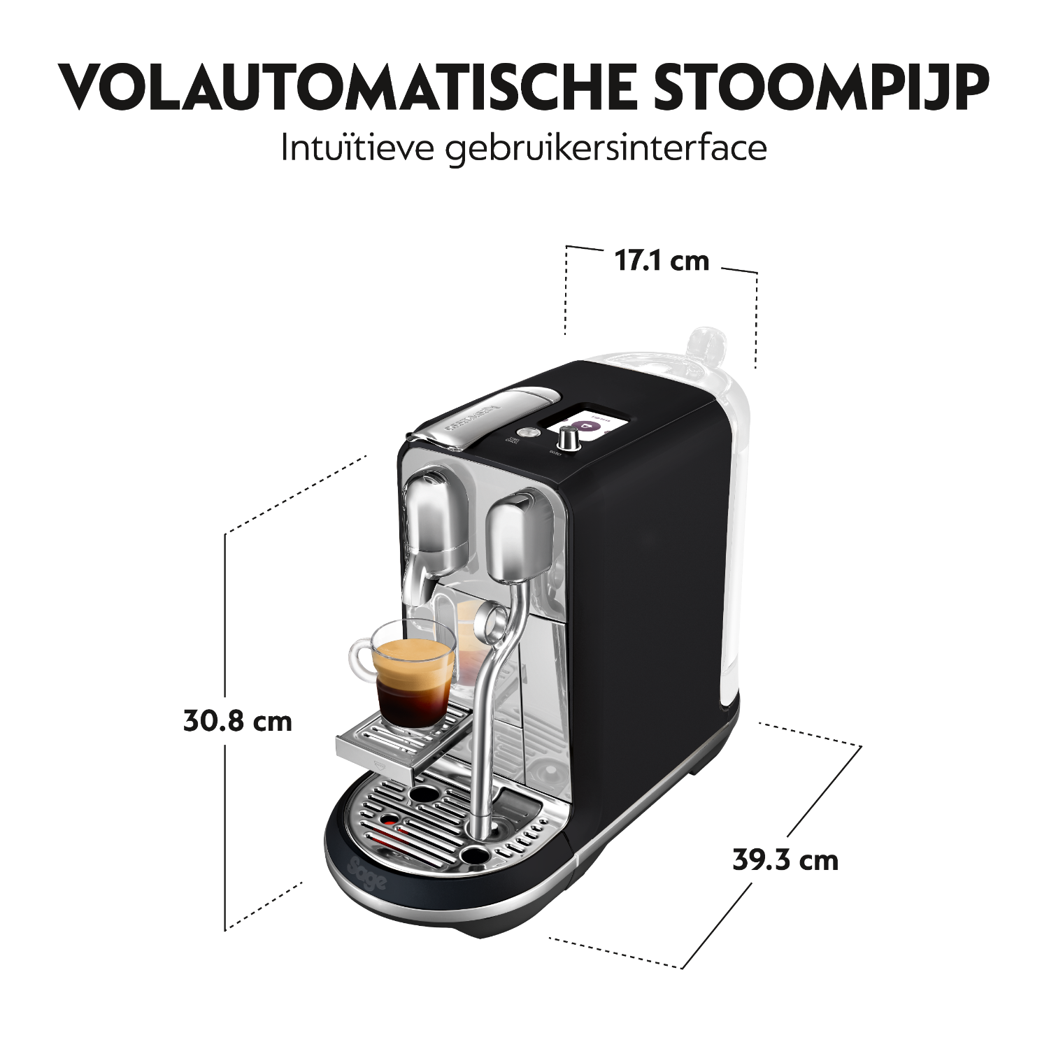 Zwarte koffiemachine. Een glas koffie onder de dispenser. Afmetingen met pijlen.