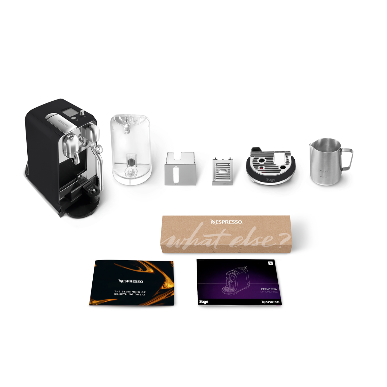 Nespresso-machine en accessoires. Inclusief machine, watertank en melkopschuimer.