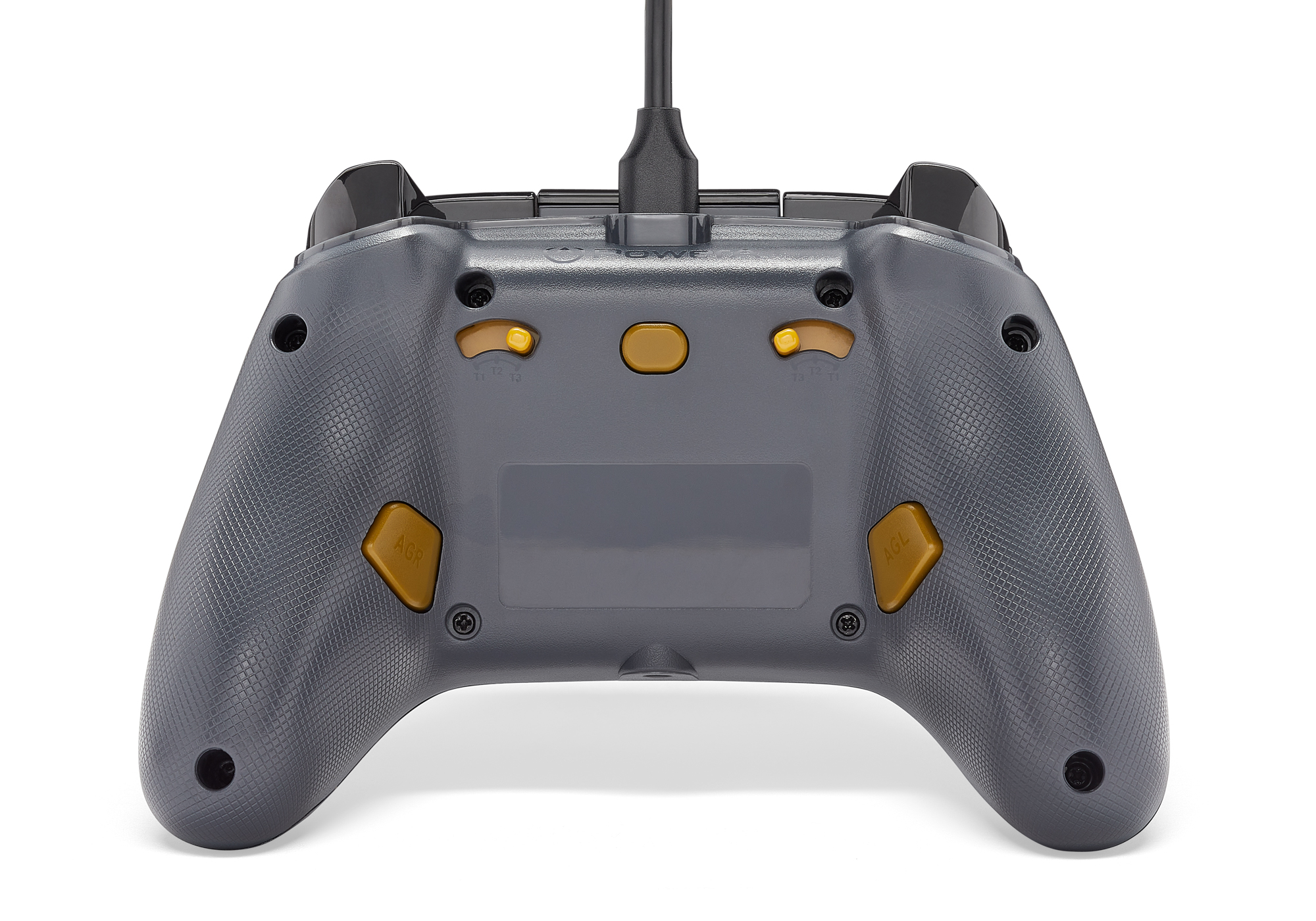 Ein grauer Gamecontroller. Er hat Knöpfe, Trigger und ein USB-Kabel. Die Rückseite hat Knöpfe und Griffstrukturen.