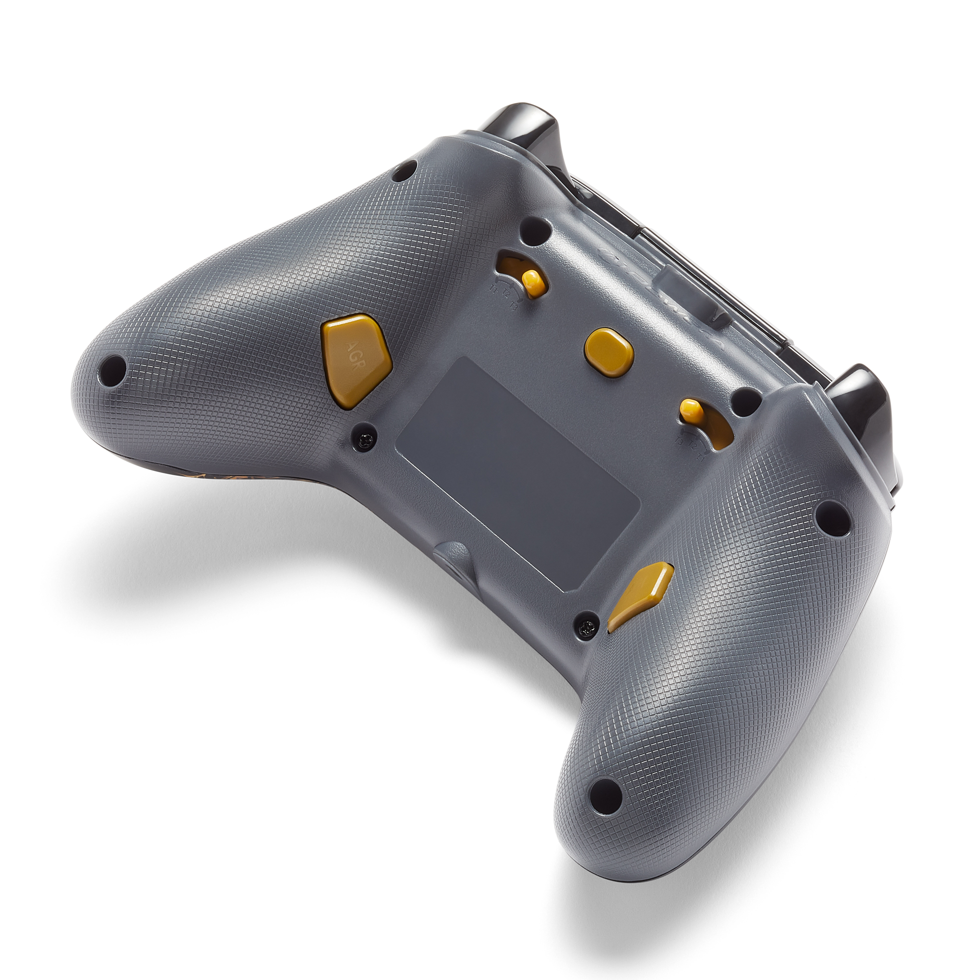 Grauer Gamecontroller mit gelben Knöpfen. Er wird von hinten gezeigt.