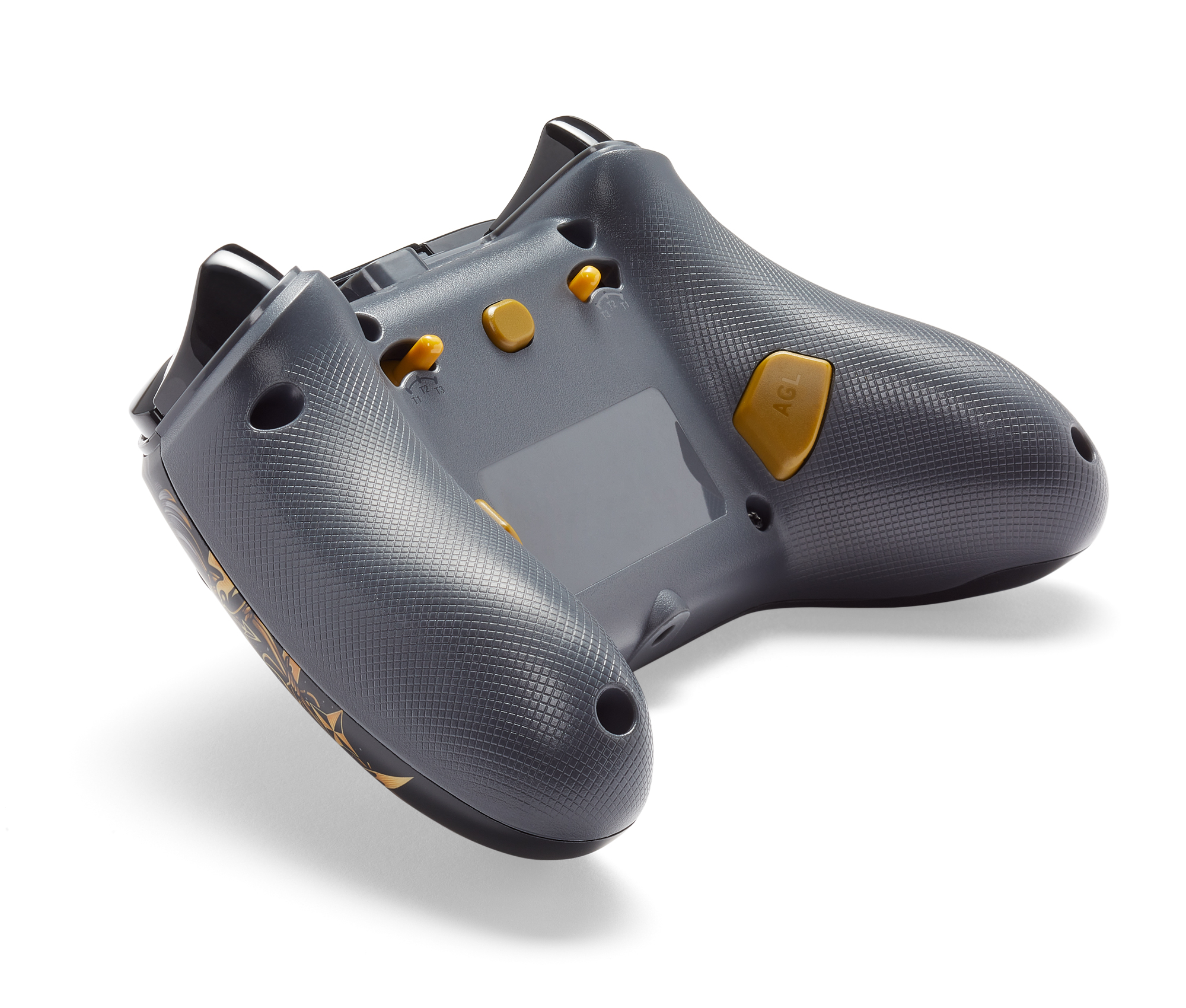 Grauer Xbox-Controller, Rückansicht, mit goldenen Knöpfen und Details.