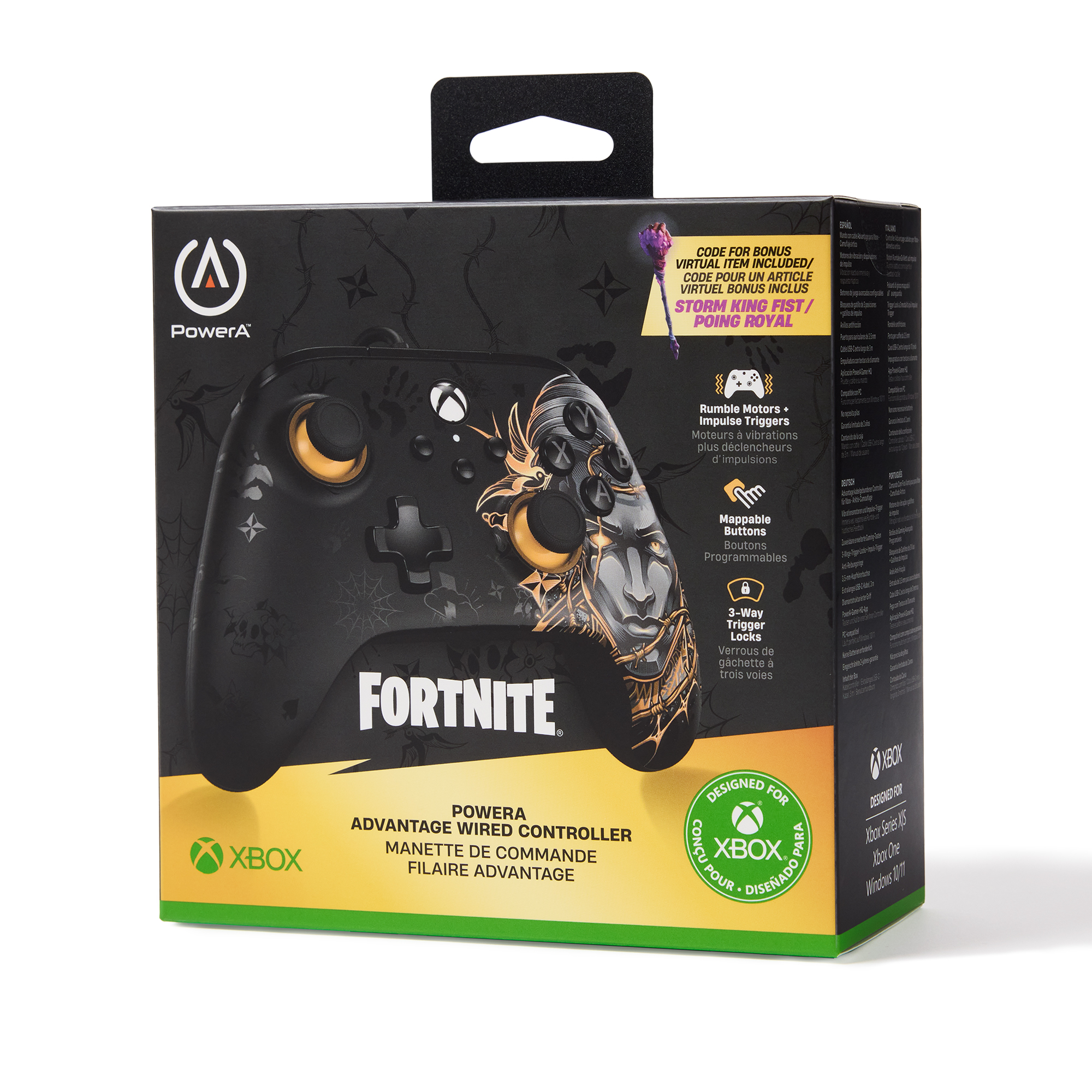 Xbox Controller in einer Box für Fortnite, mit Details und Logos.