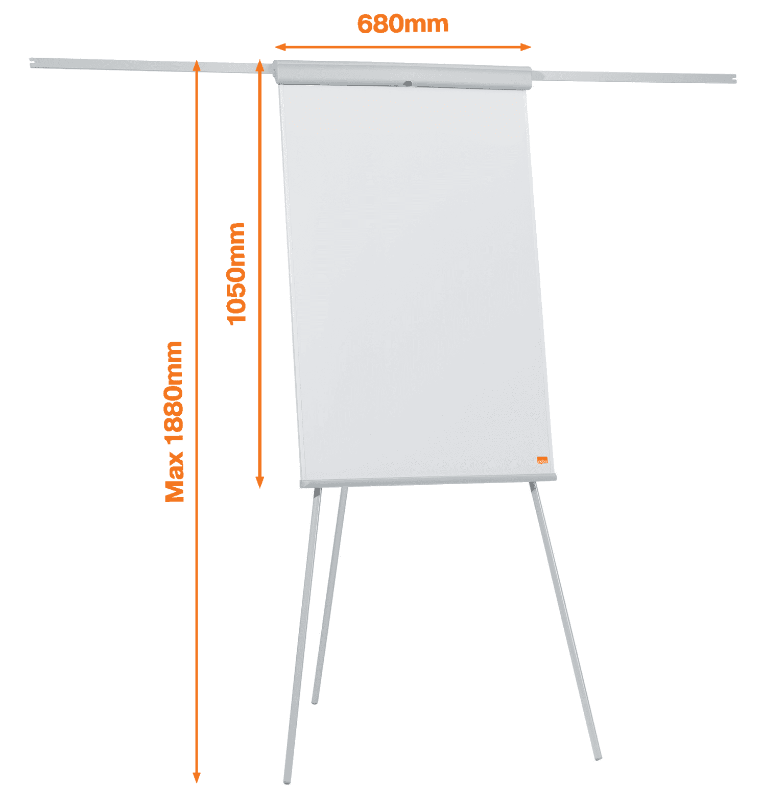 Egy fehér flipchart milliméterben megadott méretekkel, fehér háttérrel.