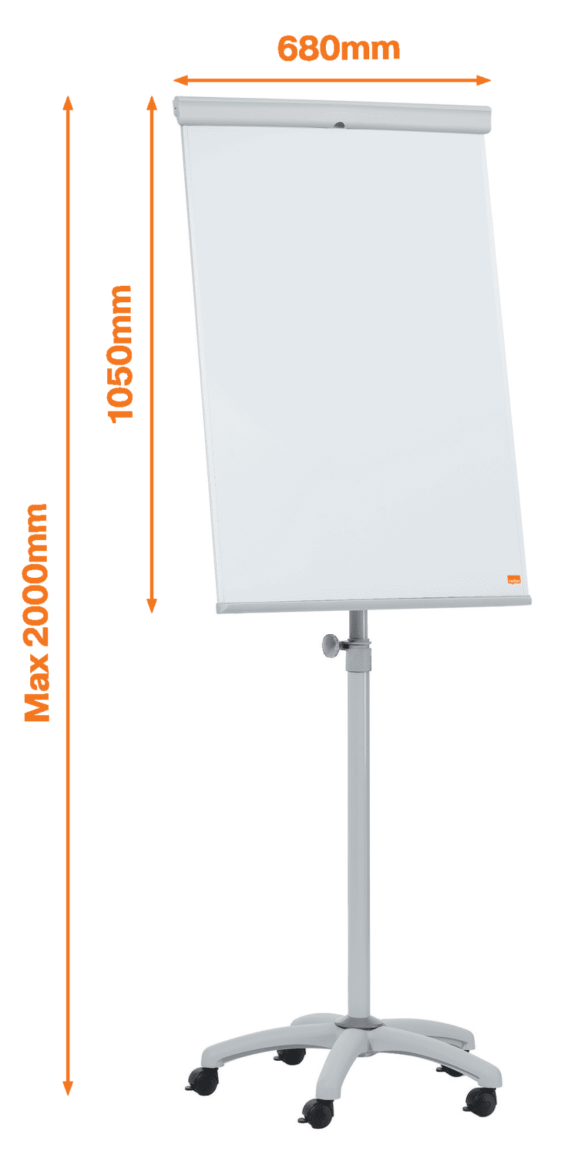 Egy fehér flipchart állványon. Narancssárga jelölésű méretekkel.