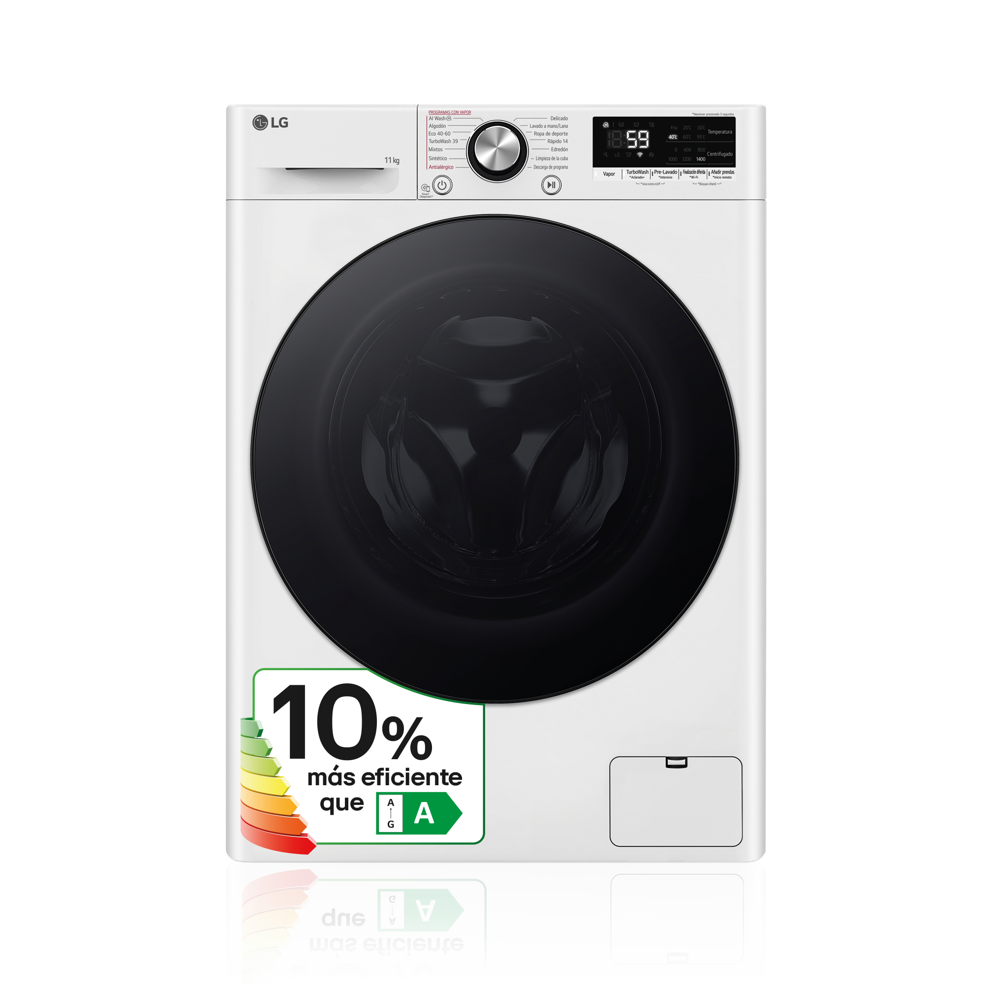 Lavadora blanca con puerta negra y etiqueta de eficiencia energética sobre fondo negro.