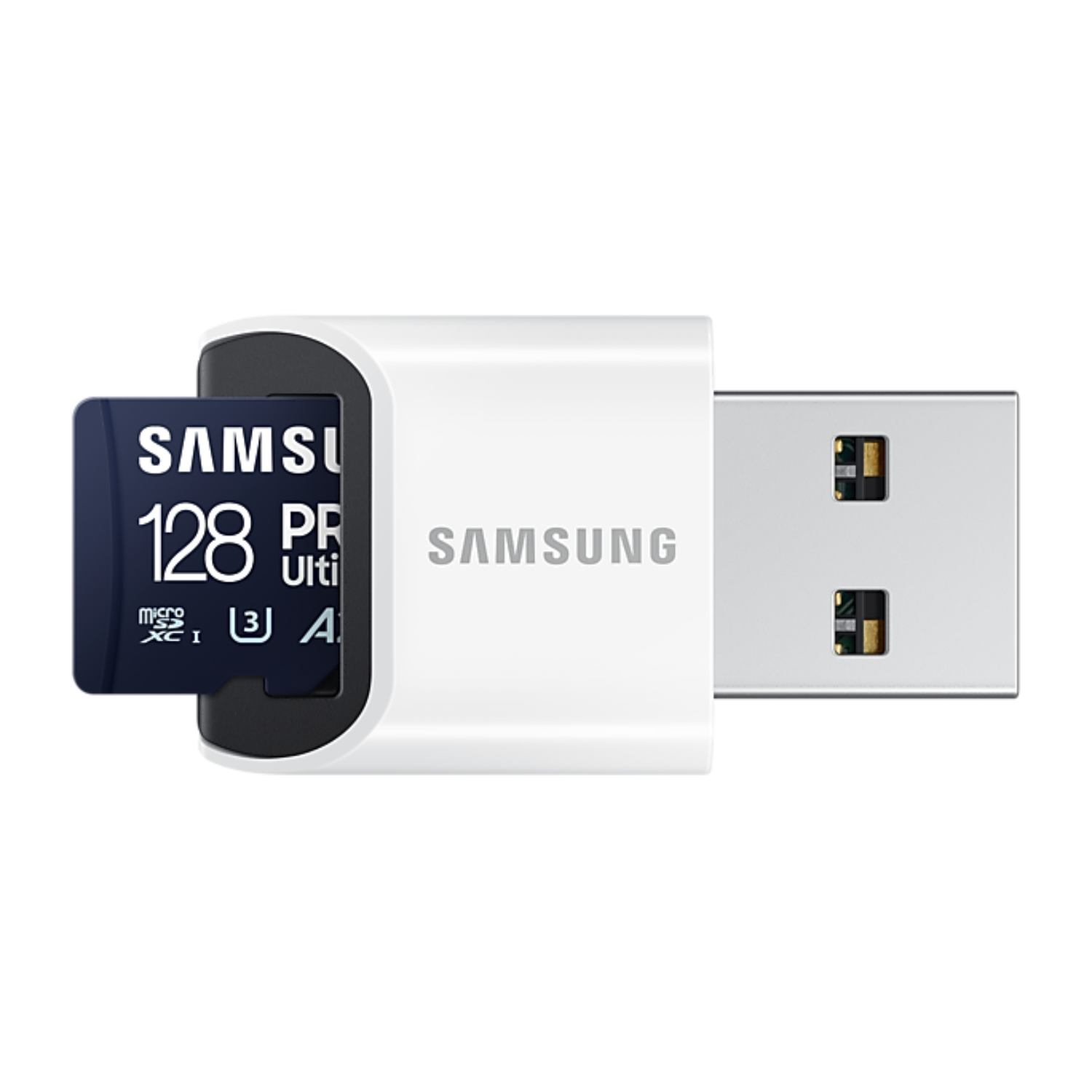 White USB adapter with a blue Samsung MicroSD card inserted. The Samsung logo is visible on the adapter.