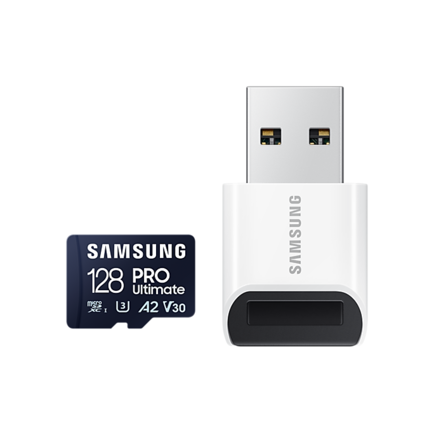 A 128GB Samsung MicroSD card with a USB adapter.