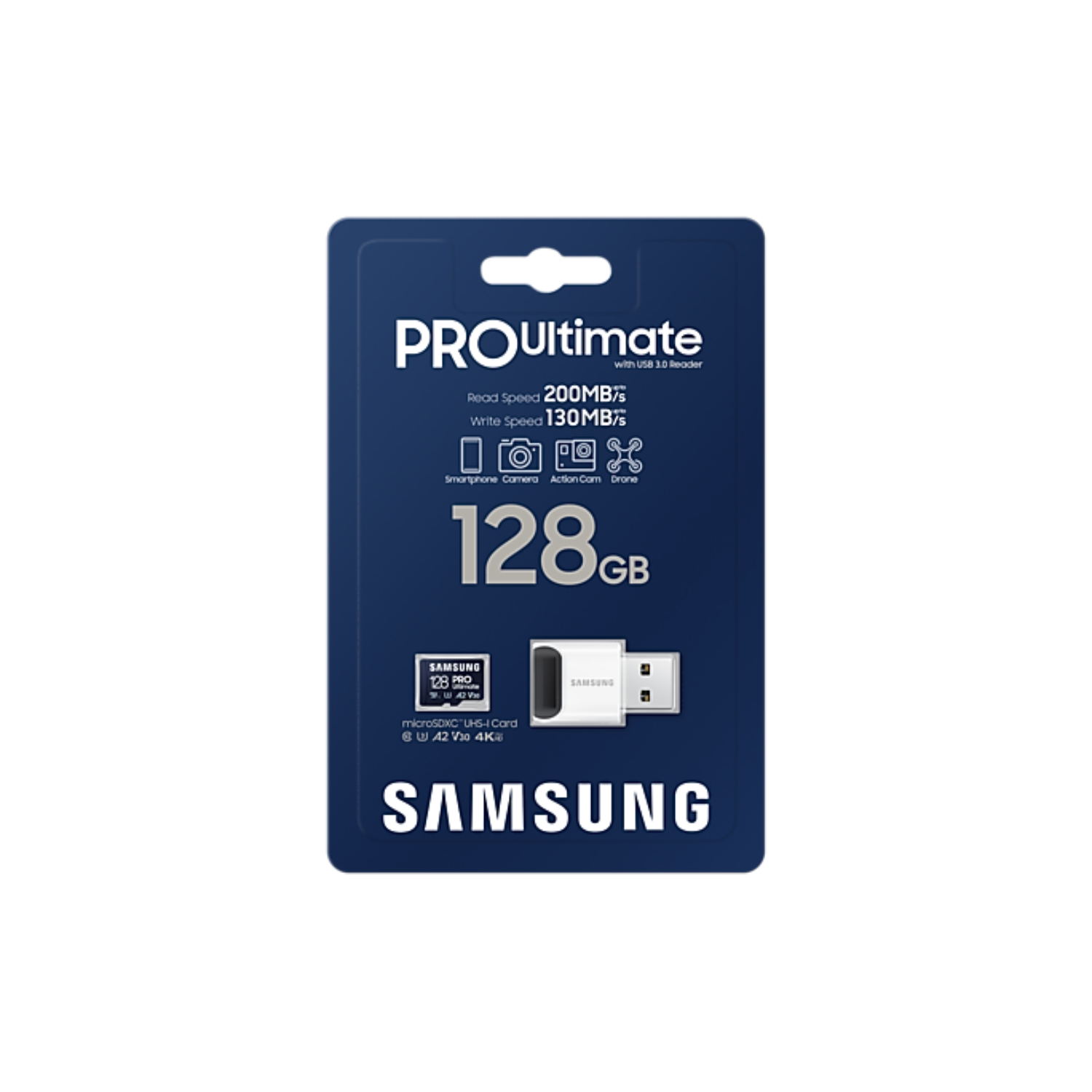 Samsung 128GB microSD card in a blue package with a USB adapter. The product is on a black background.