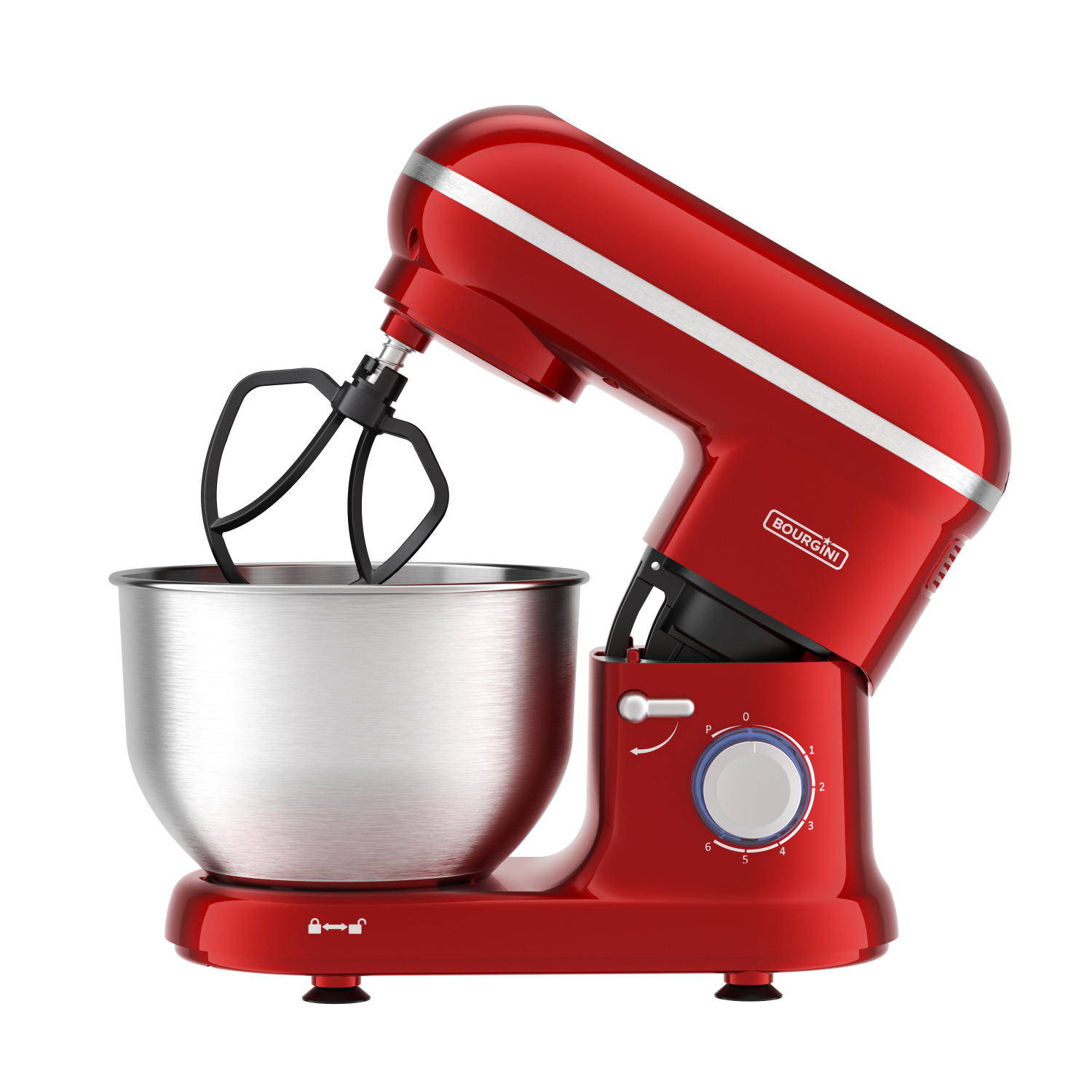 A red stand mixer. A metal bowl and black attachments are visible. White background.