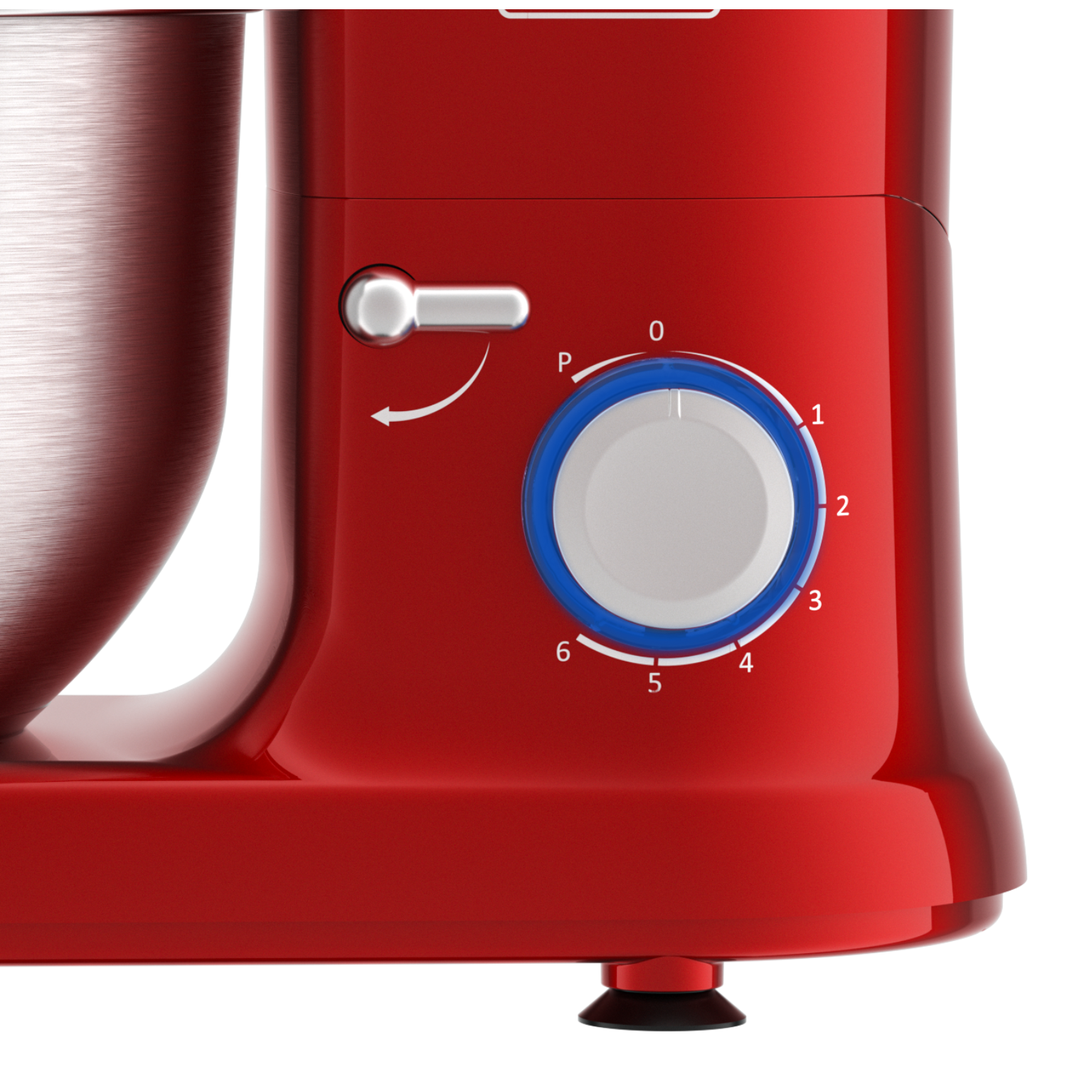 Red food processor with speed control dial, close up.