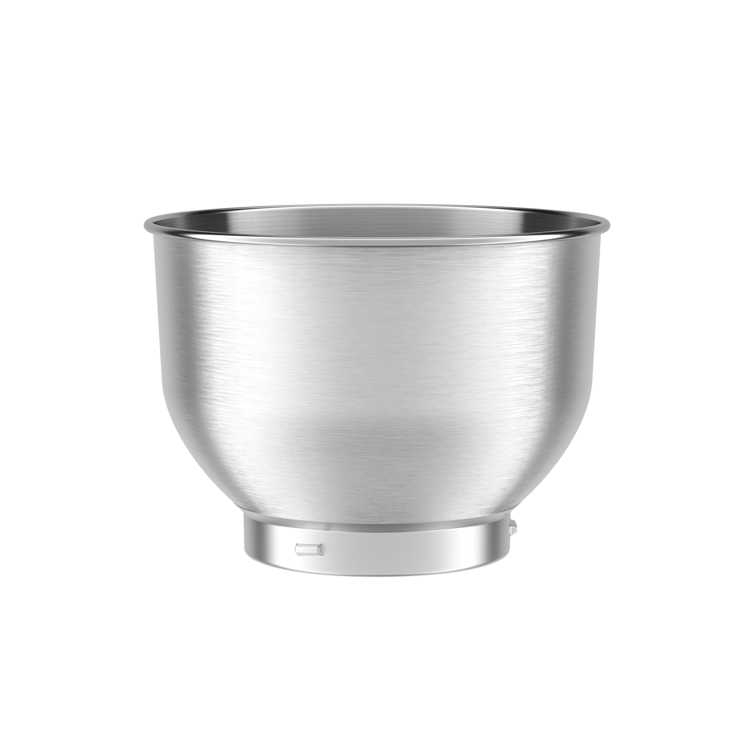A silver stainless steel mixing bowl on a black background. Curved shape, close-up.