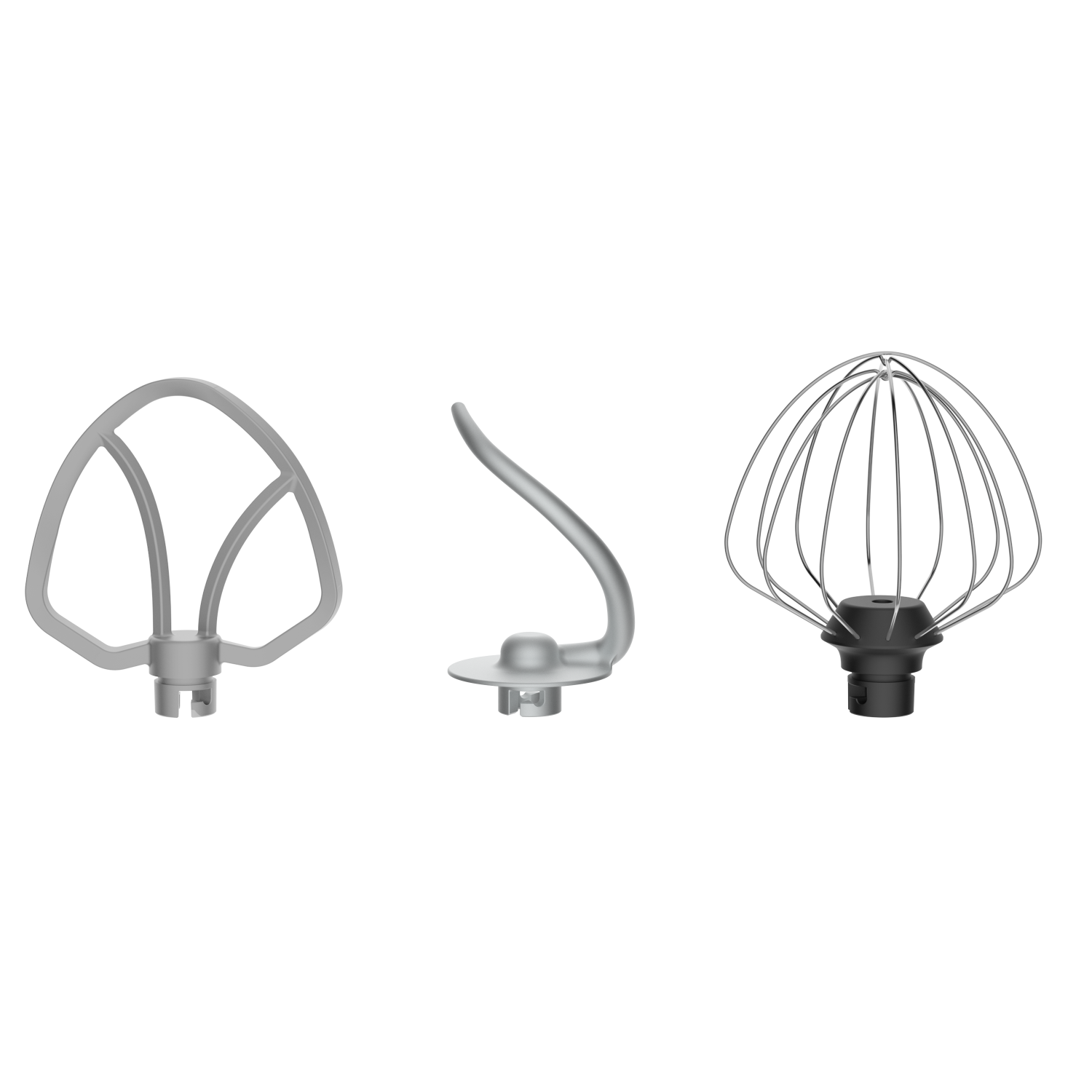 Three silver mixing attachments for a mixer, with different shapes and designs.