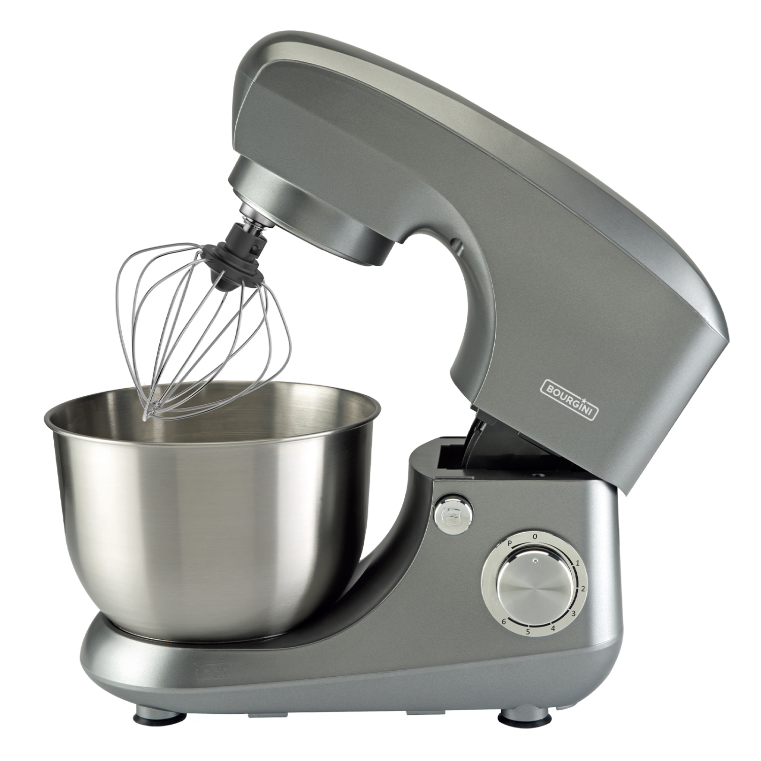 A gray stand mixer with a bowl and whisk attachment.