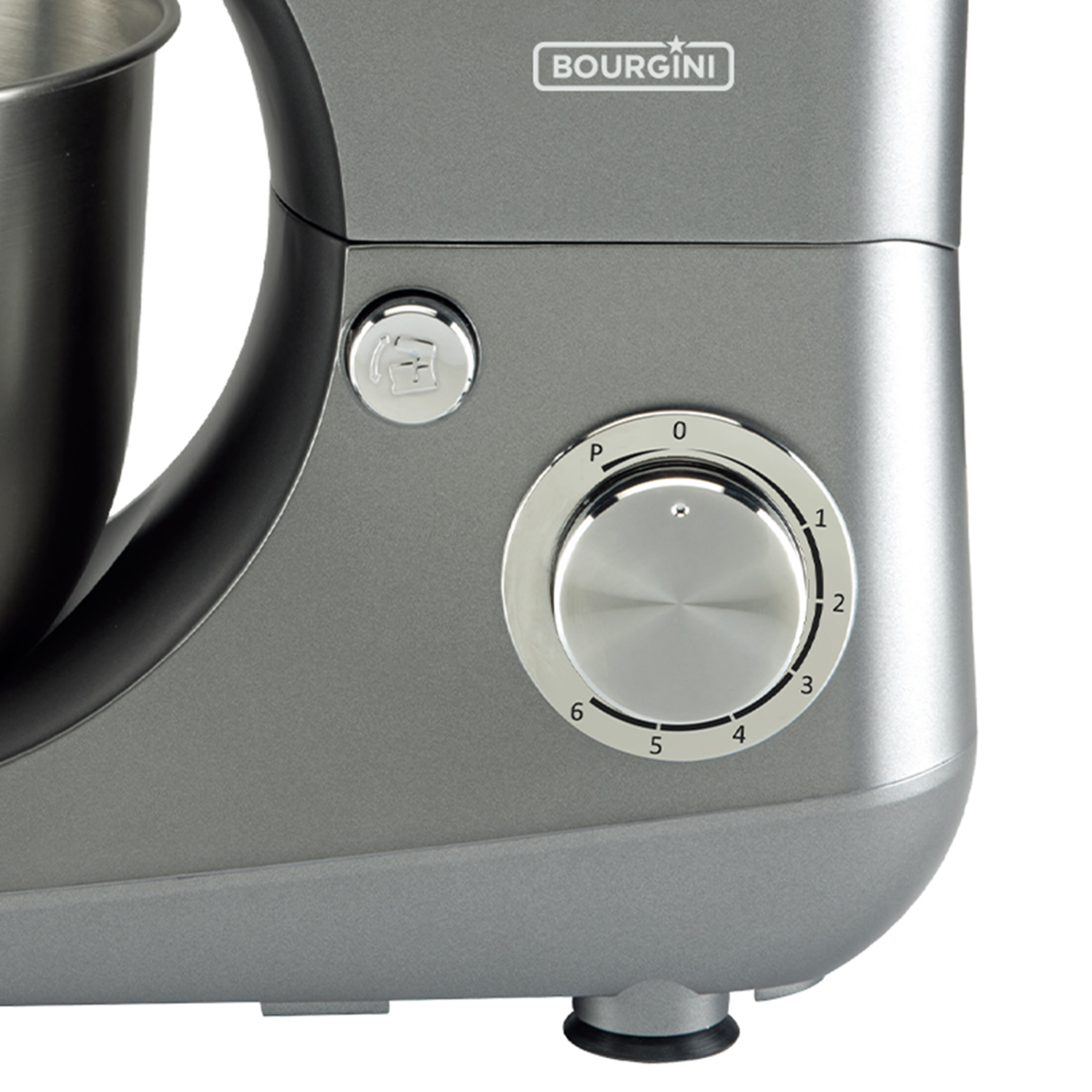 Close-up of a silver and gray stand mixer with a dial for speed settings.
