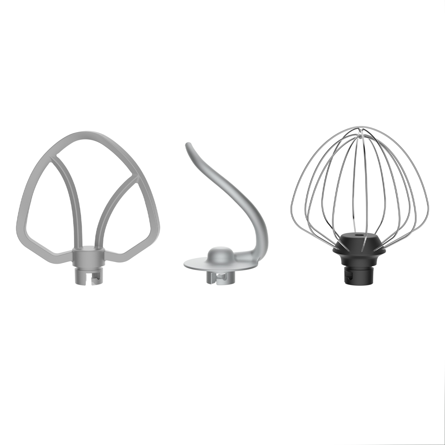 Three silver stand mixer attachments: a beater, a dough hook, and a wire whisk.