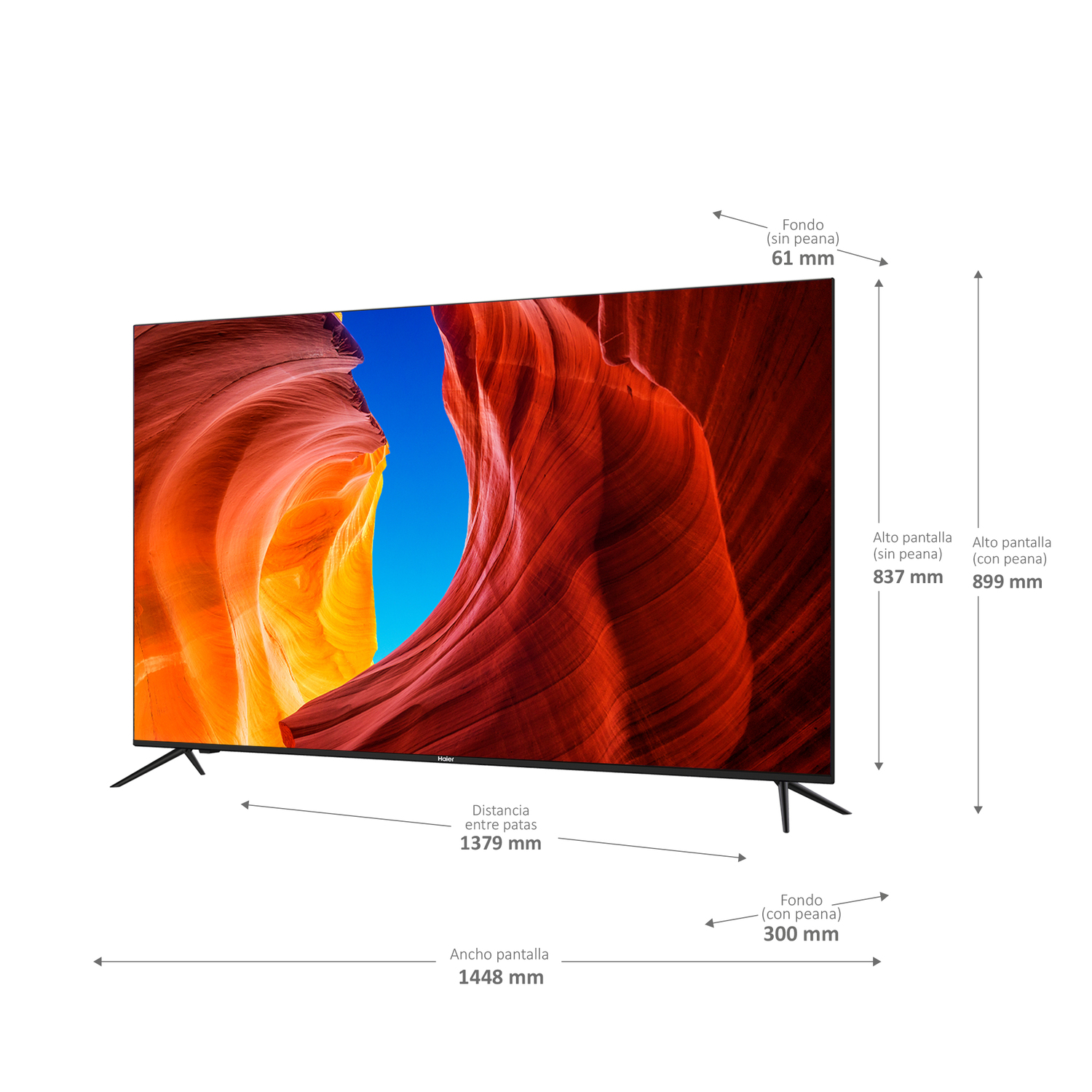 Un televisor grande con dimensiones que muestra una imagen de cañón, con medidas en español.