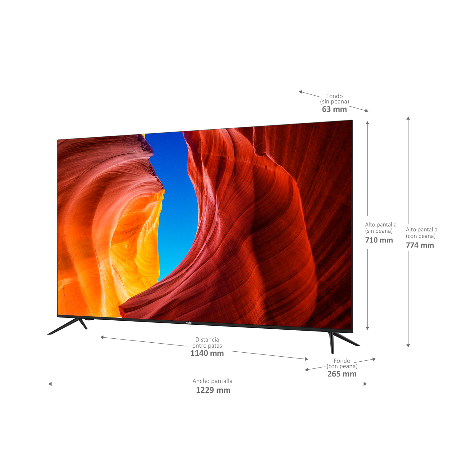 Televisor grande con información dimensional. Fondo blanco e imagen detallada.