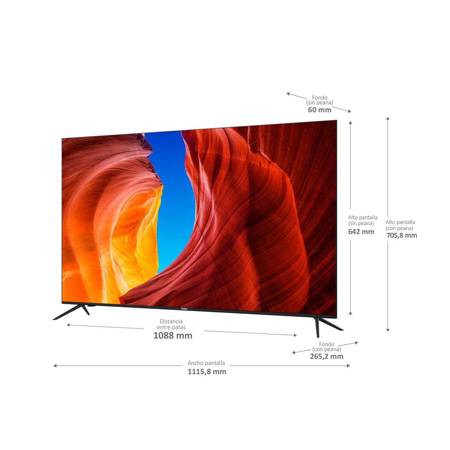Pantalla de TV con una imagen de cañón rojo y naranja, con dimensiones y medidas en español.