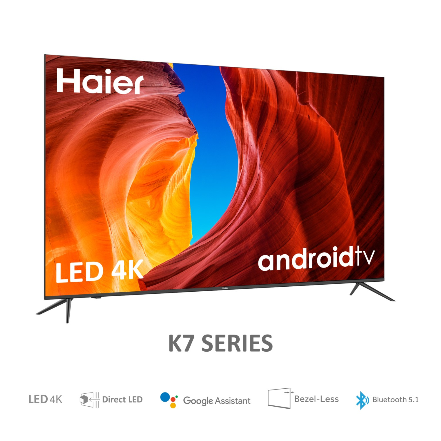 Televisor Android Haier negro con imagen de paisaje y las palabras LED 4K y Android TV.