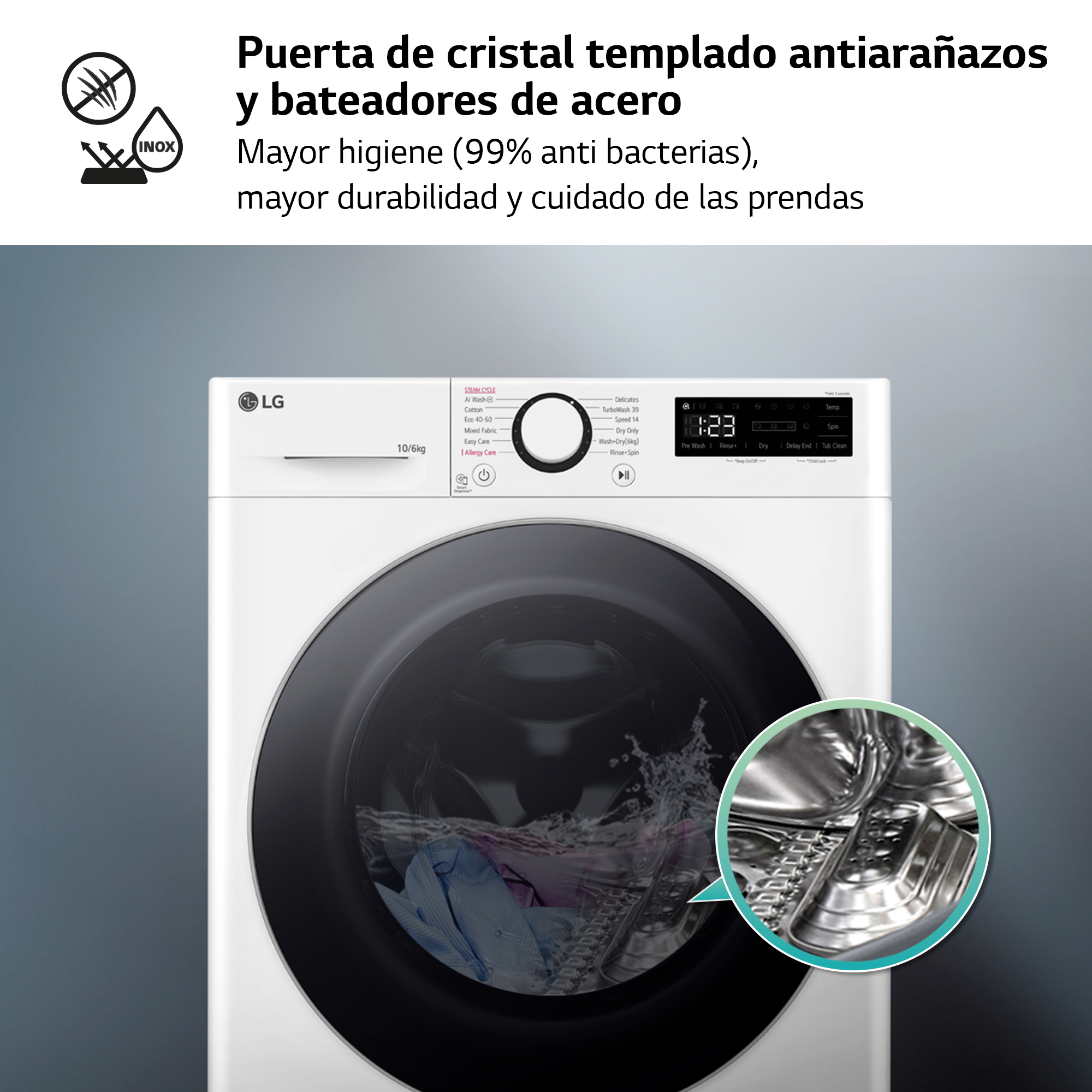 Lavadora LG blanca, vista frontal, con un primer plano del tambor. Texto en español.