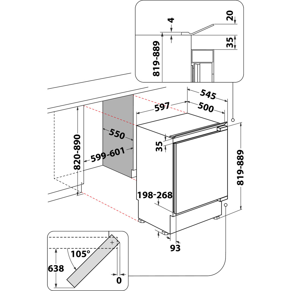 Beépített hűtőszekrény diagramja méretekkel. Felső és oldalsó nézetet tartalmaz.