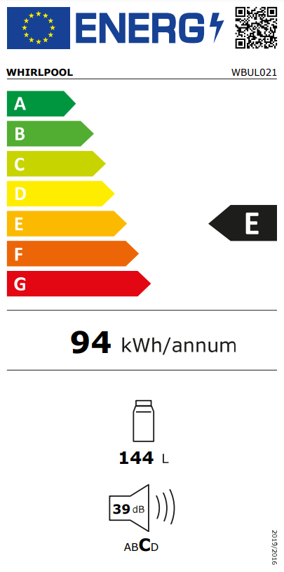 Energia címke hűtőszekrényhez, E energiaosztály.