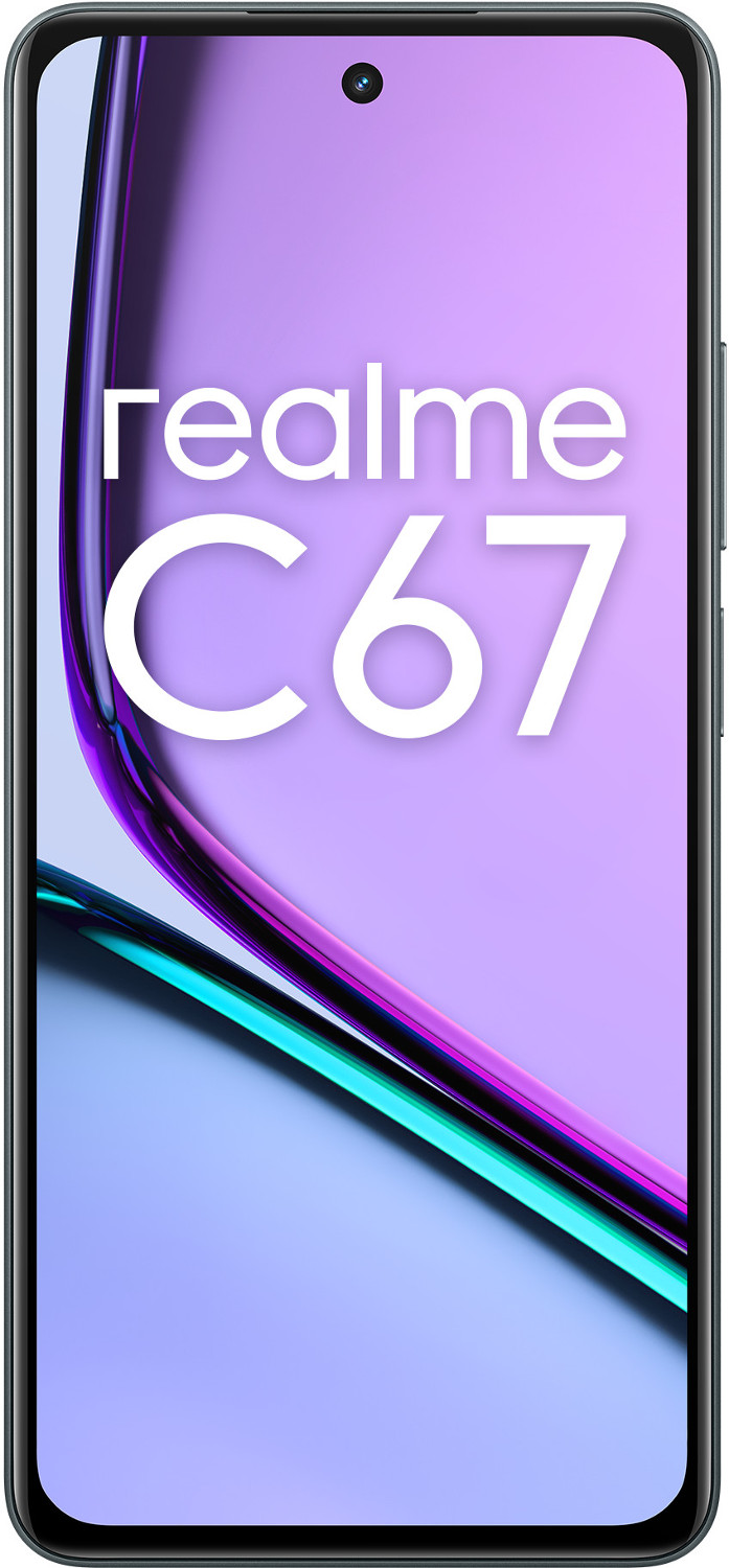 Smartfon Realme C67 z nazwą na wyświetlaczu. Fioletowe i niebieskie tło.