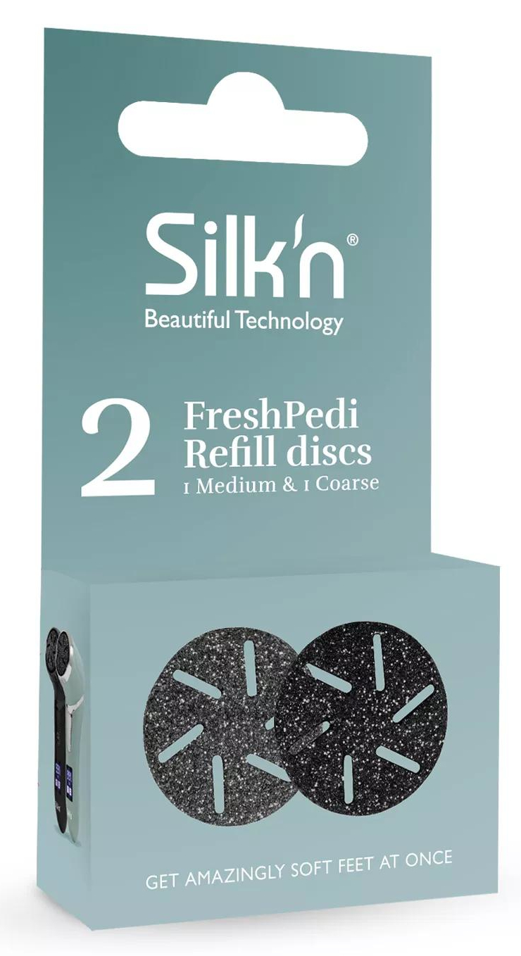Pudełko z dwoma dyskami uzupełniającymi FreshPedi, czarnym i szarym, na miętowym tle.
