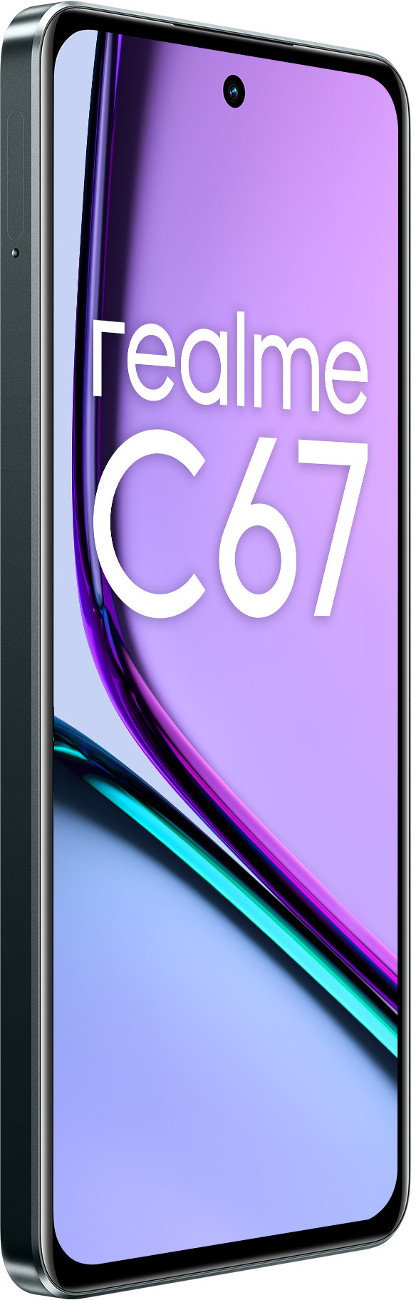 Zbliżenie smartfona Realme C67, pokazujące ekran i boczne przyciski.