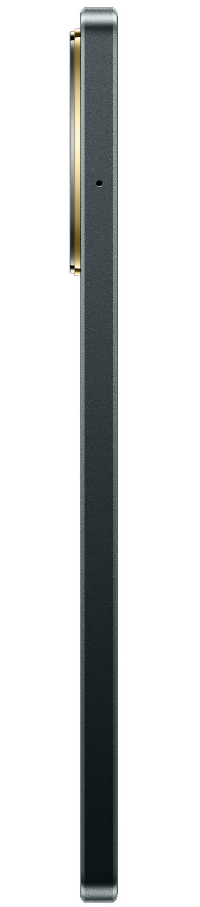 Czarny smartfon z boku, pokazujący złoty pierścień kamery.