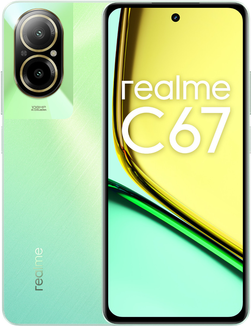 Miętowy telefon Realme C67, podwójny aparat, ekran z napisem "realme C67".