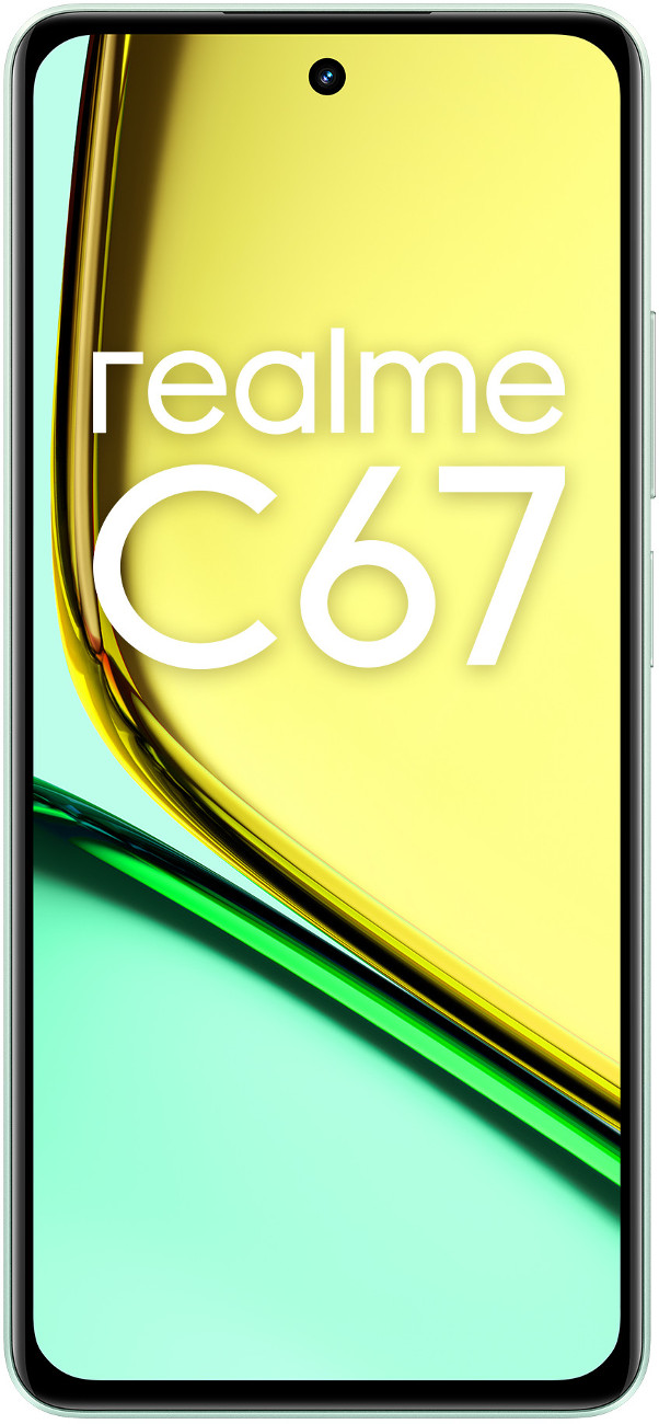 Telefon Realme C67, żółte i jasnozielone tło gradientowe, biały tekst.