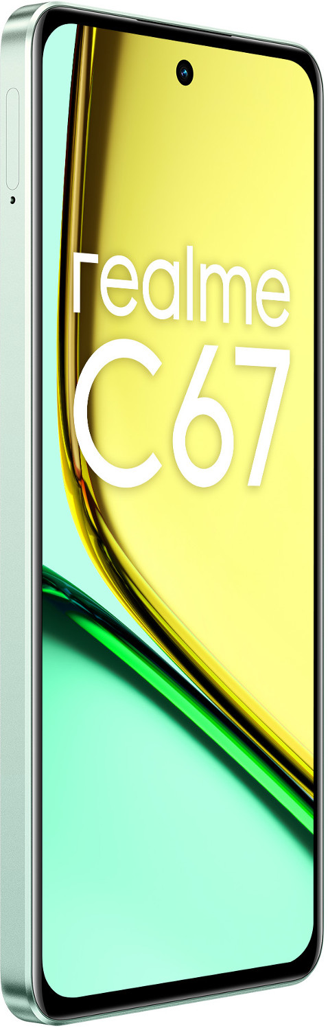 Smartfon Realme C67 w kolorze miętowej zieleni. Wyświetla nazwę marki i modelu w kolorze białym.