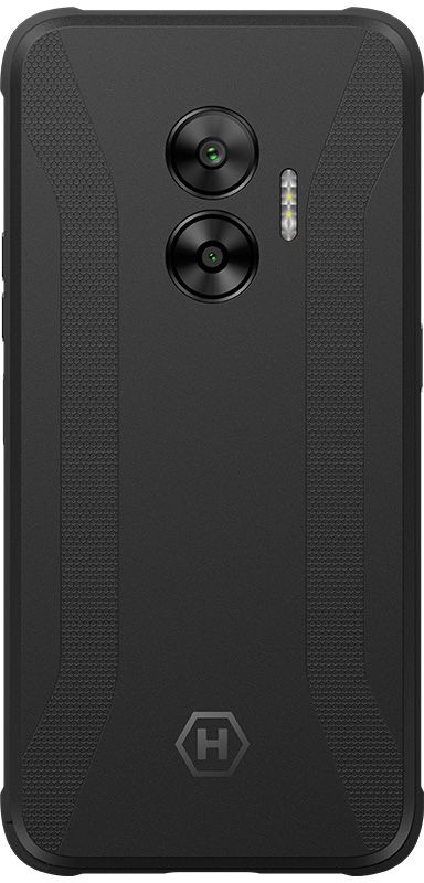 Czarny smartfon z dwoma aparatami, lampą błyskową i literą H.