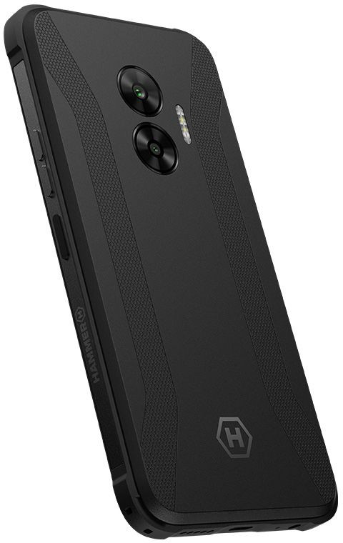 Czarny smartfon z teksturowanym tyłem i podwójnym aparatem.