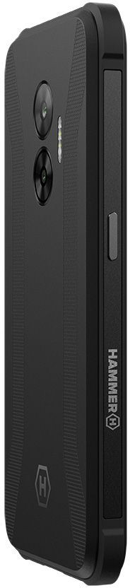 Czarny, wytrzymały telefon Hammer, widok z boku.