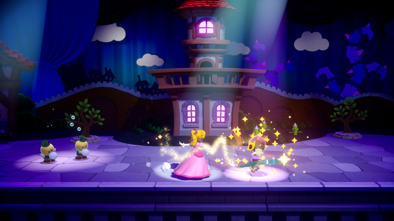 Una princesa y un caballero en un escenario, con un castillo de fondo y efectos de iluminación, usando magia.