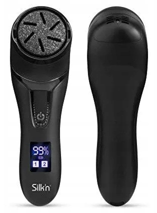 Dwa czarne urządzenia do pielęgnacji stóp. Jeden ma ekran i przycisk.