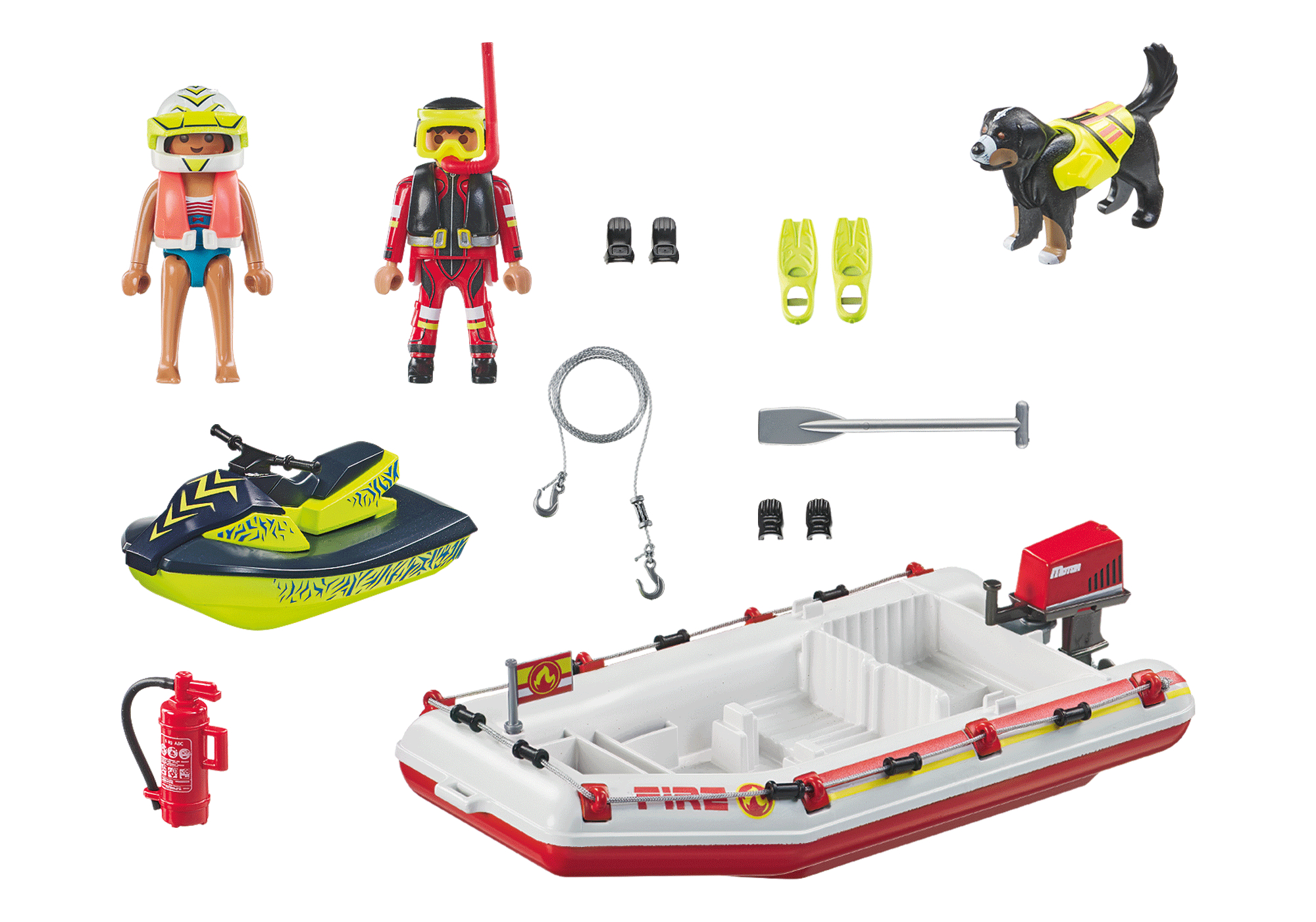 Playmobil-Set mit Taucherfiguren, Boot, Hund, Jetski und Zubehör. Weißer Hintergrund.
