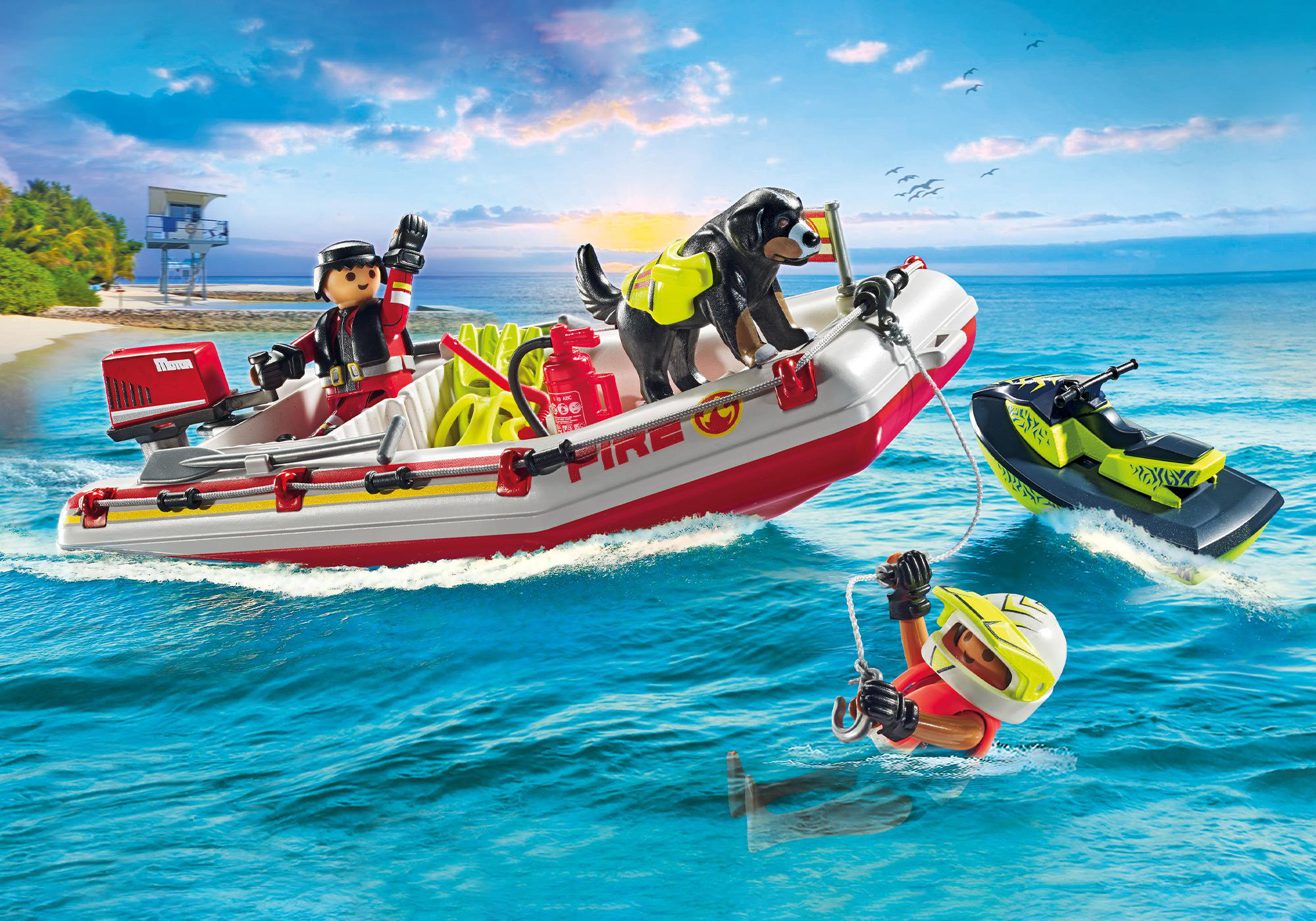Eine Rettungsszene mit Boot, Jetski und Figuren auf dem Wasser. Ein Hund ist auf dem Boot.