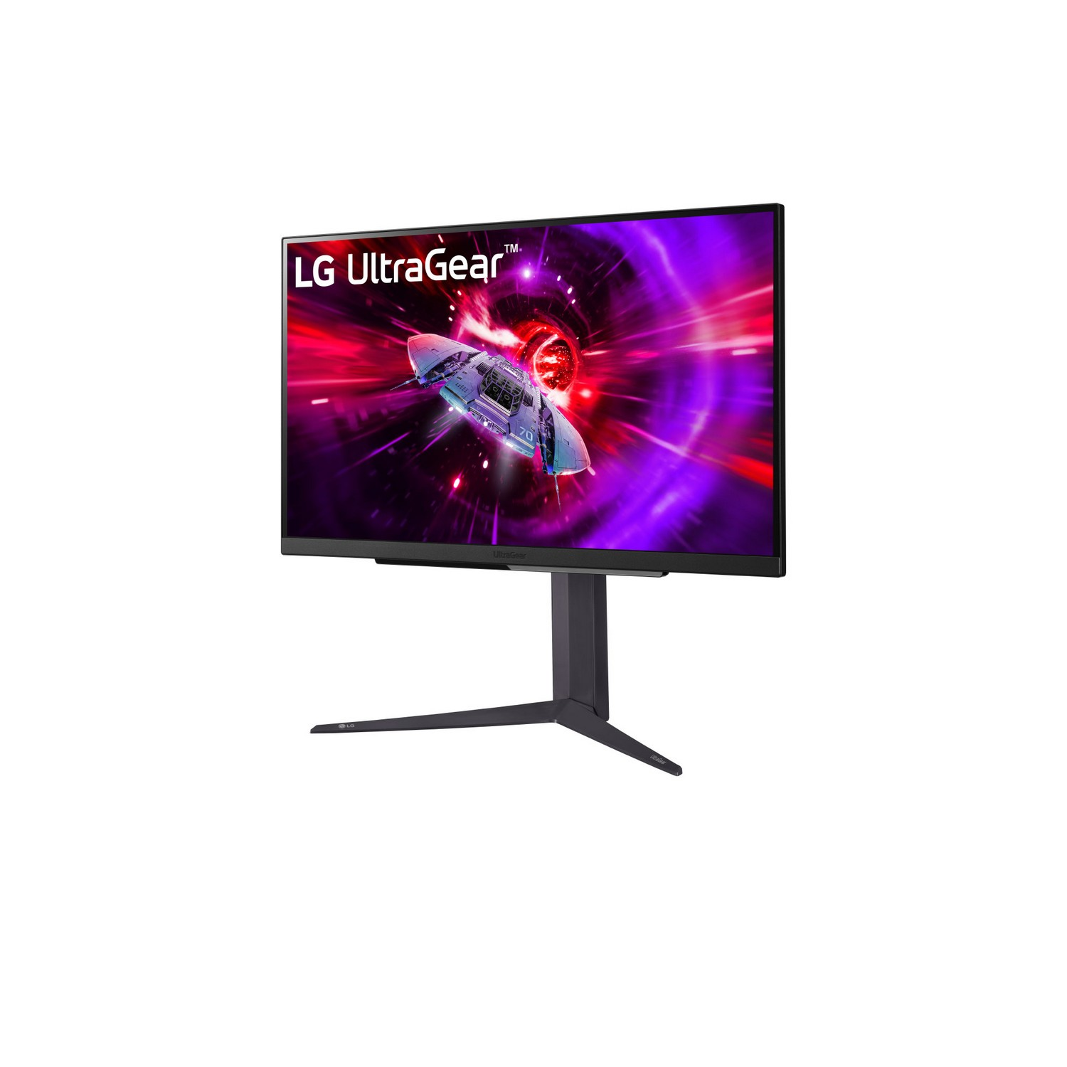 LG UltraGear gaming monitor with a spaceship scene on the screen. The monitor has a black stand.