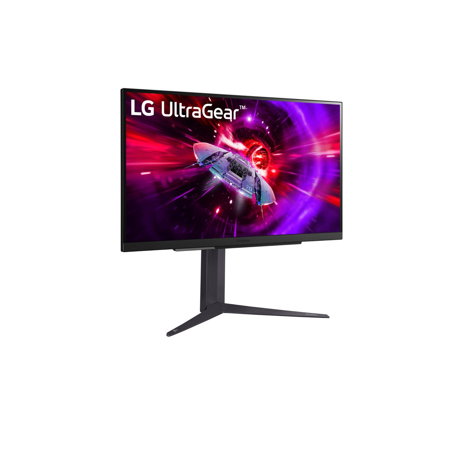 LG UltraGear monitor displaying a spaceship in space with red and purple.