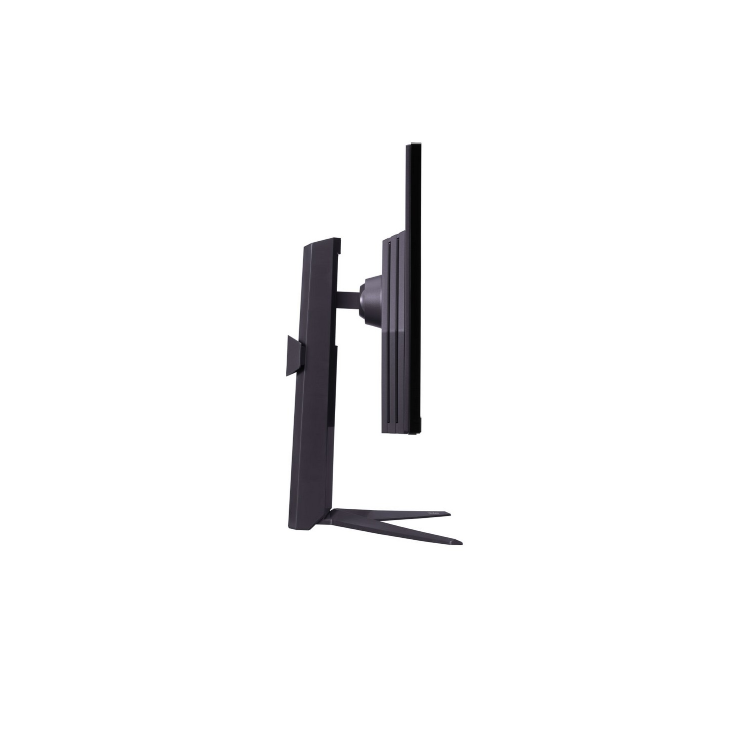Side view of a black computer monitor. Sleek design. White background.