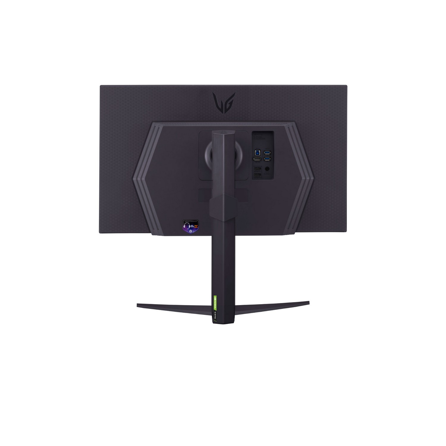 Black LG monitor back with ports and stand, on a white background.
