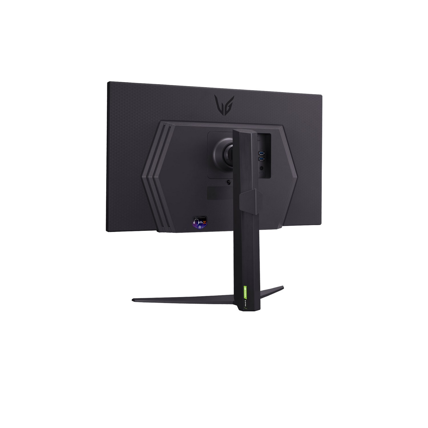 Black LG gaming monitor back with stand and ports.