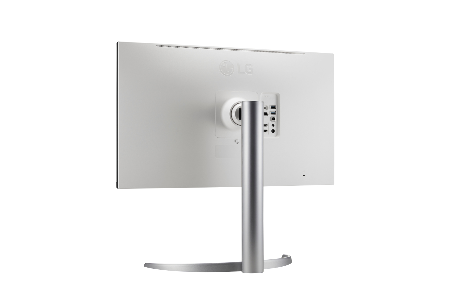 Achteraanzicht van een witte LG-monitor met zilveren standaard, op een witte achtergrond.