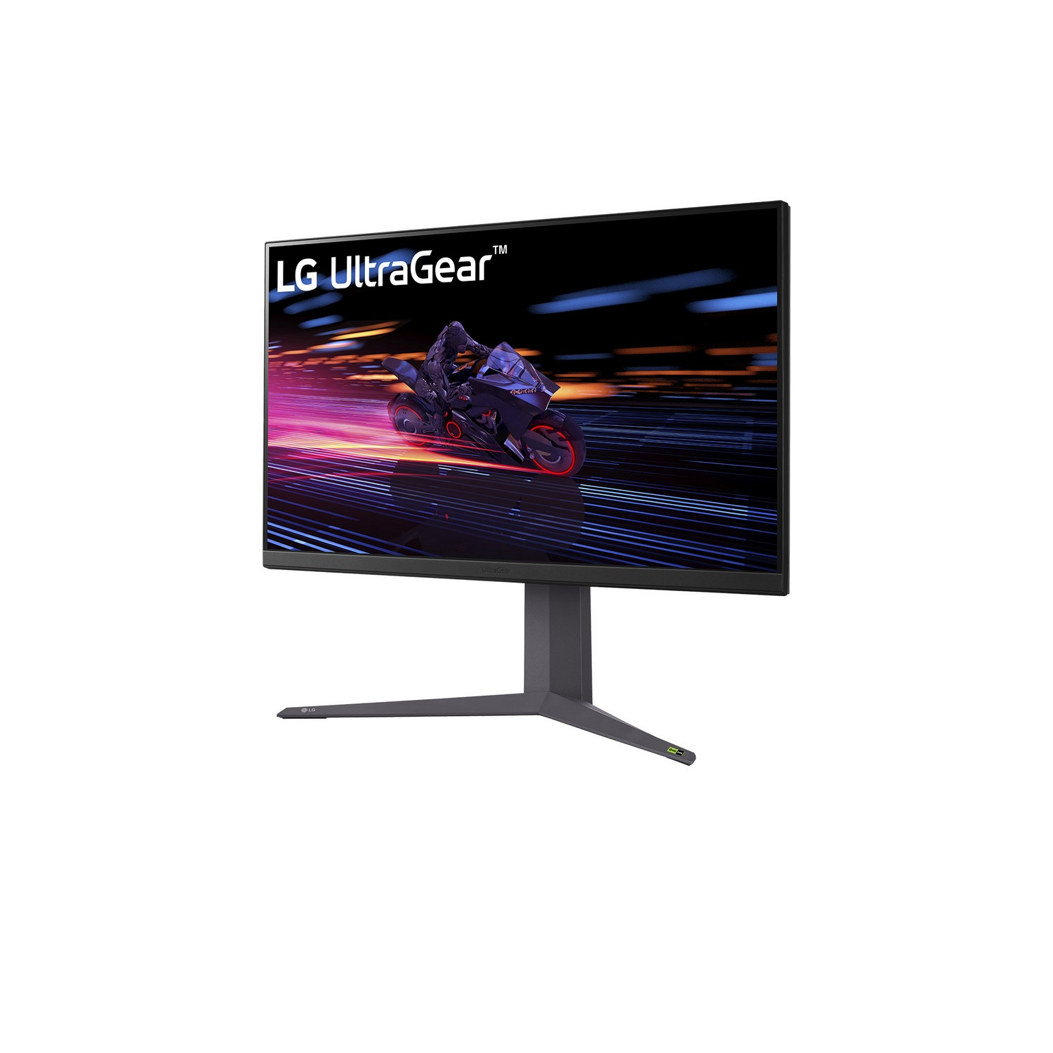 Moniteur LG UltraGear. Une moto est affichée sur l'écran. Le moniteur est sur fond blanc.