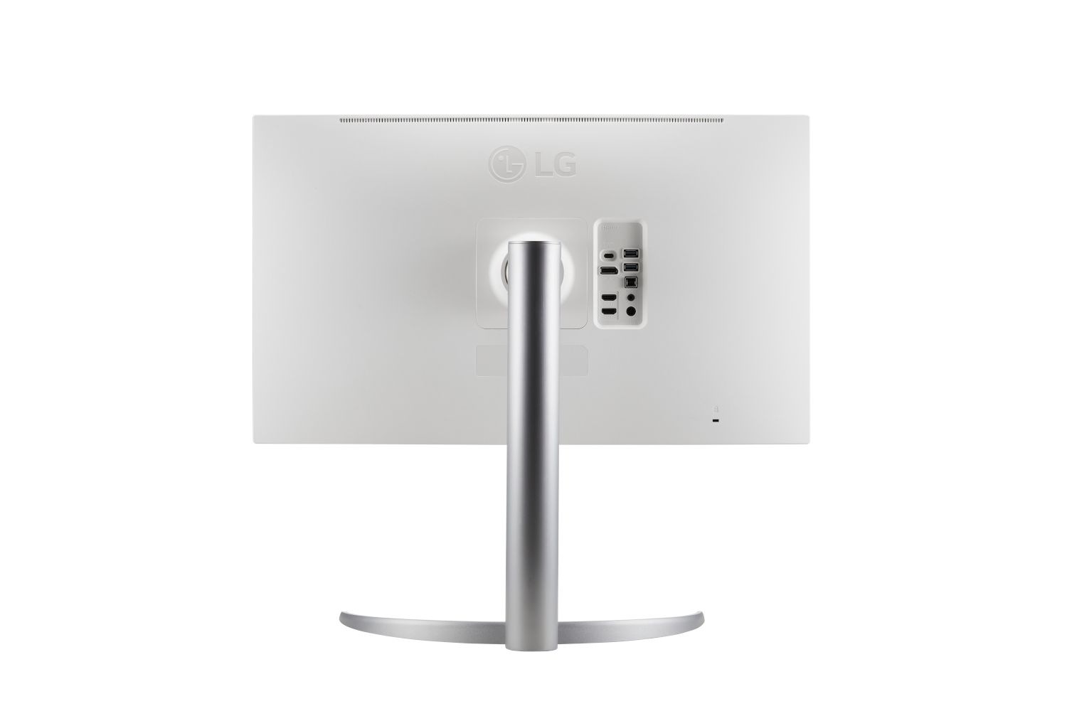 Achterkant van een witte LG monitor met standaard. Poorten zijn zichtbaar. LG logo in het midden.