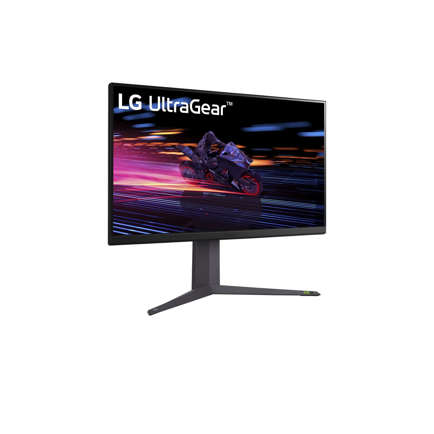 Le moniteur LG UltraGear montre une moto de course avec des lignes de vitesse. Le moniteur est sur un pied, le tout sur fond blanc.