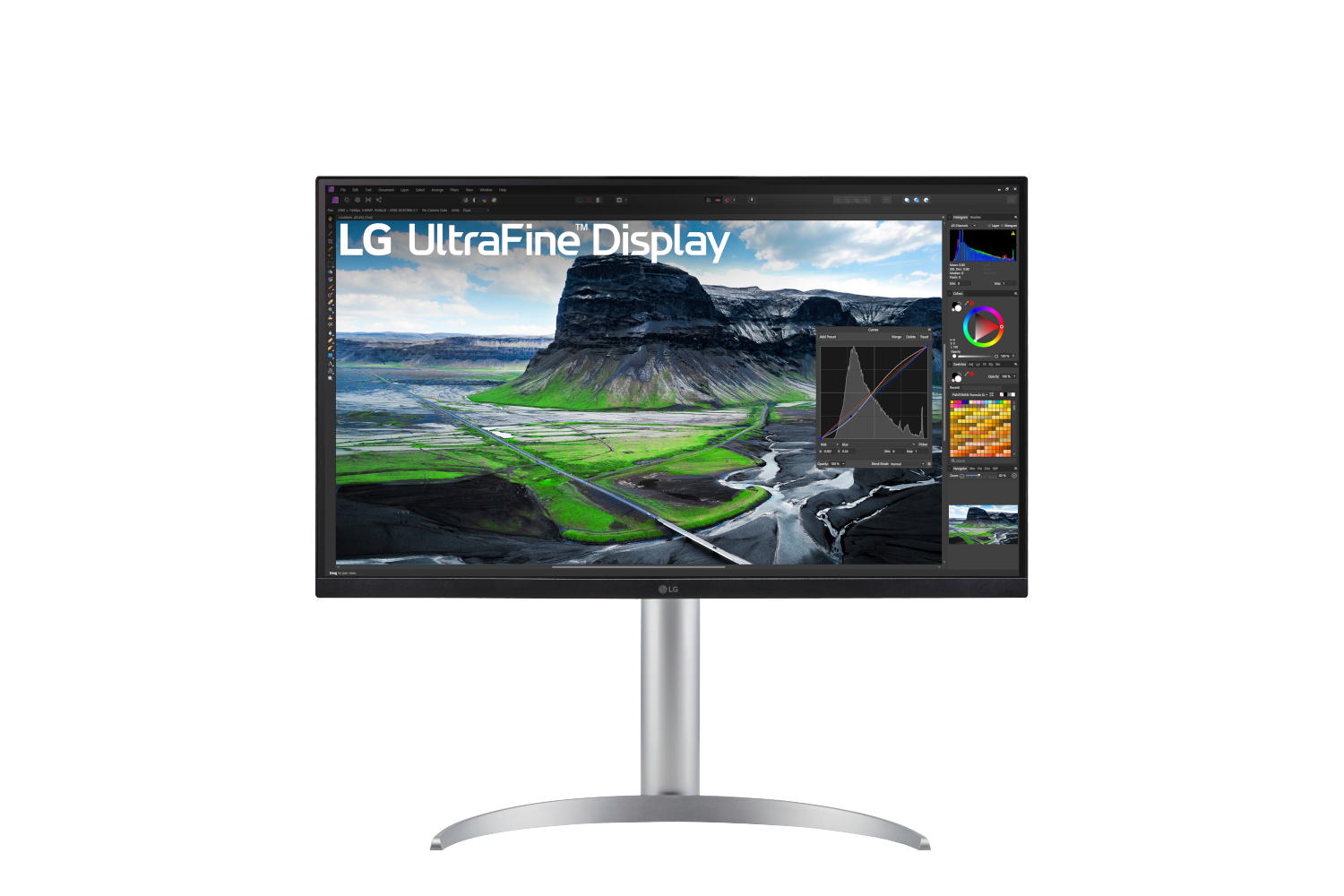 LG UltraFine Display, een computermonitor, met een fotobewerkingsprogramma met bergen.
